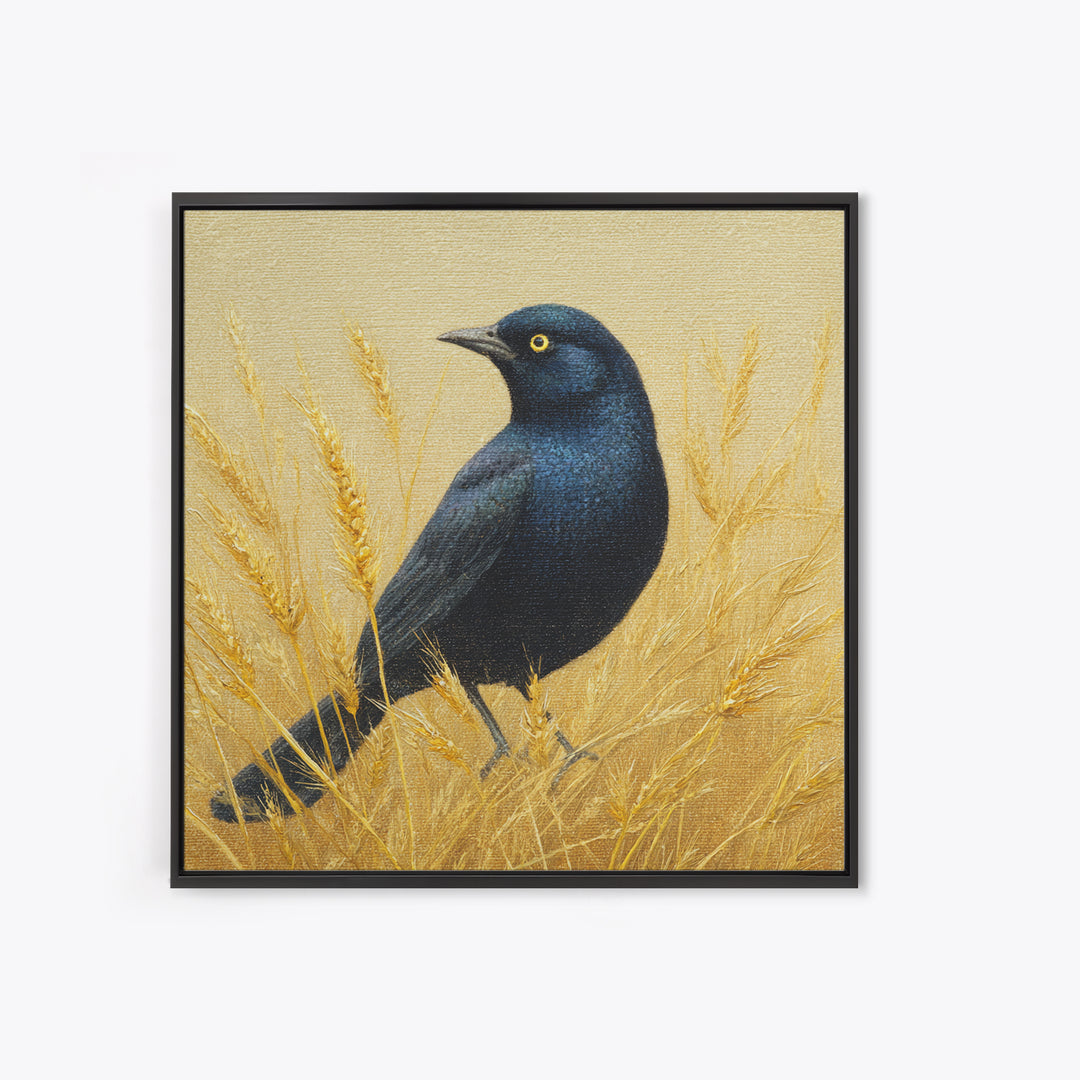 Blackbird on Gold Wheat Field Framed Canvas Print, Bird Art, Wall Decor, Living Room Decor, Fine Art, Flight, Boho Wall Decor, BIR-1x1-48