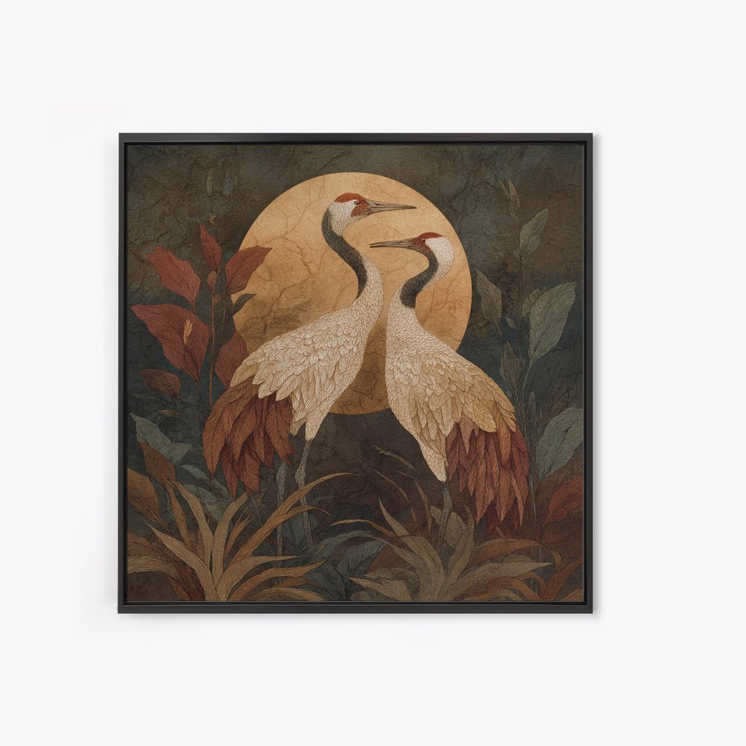 Pair of Cranes Dancing Framed Canvas Print, Bird Art, Nature Wall Art, Living Room Decor, Oil Painting, Flight, BIR-1x1-51