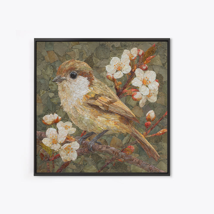 Songbird Perched on Cherry Blossoms Framed Canvas Print, Bird Art, Farmhouse Decor, Living Room Decor, Fine Art, Flight, BIR-1x1-56