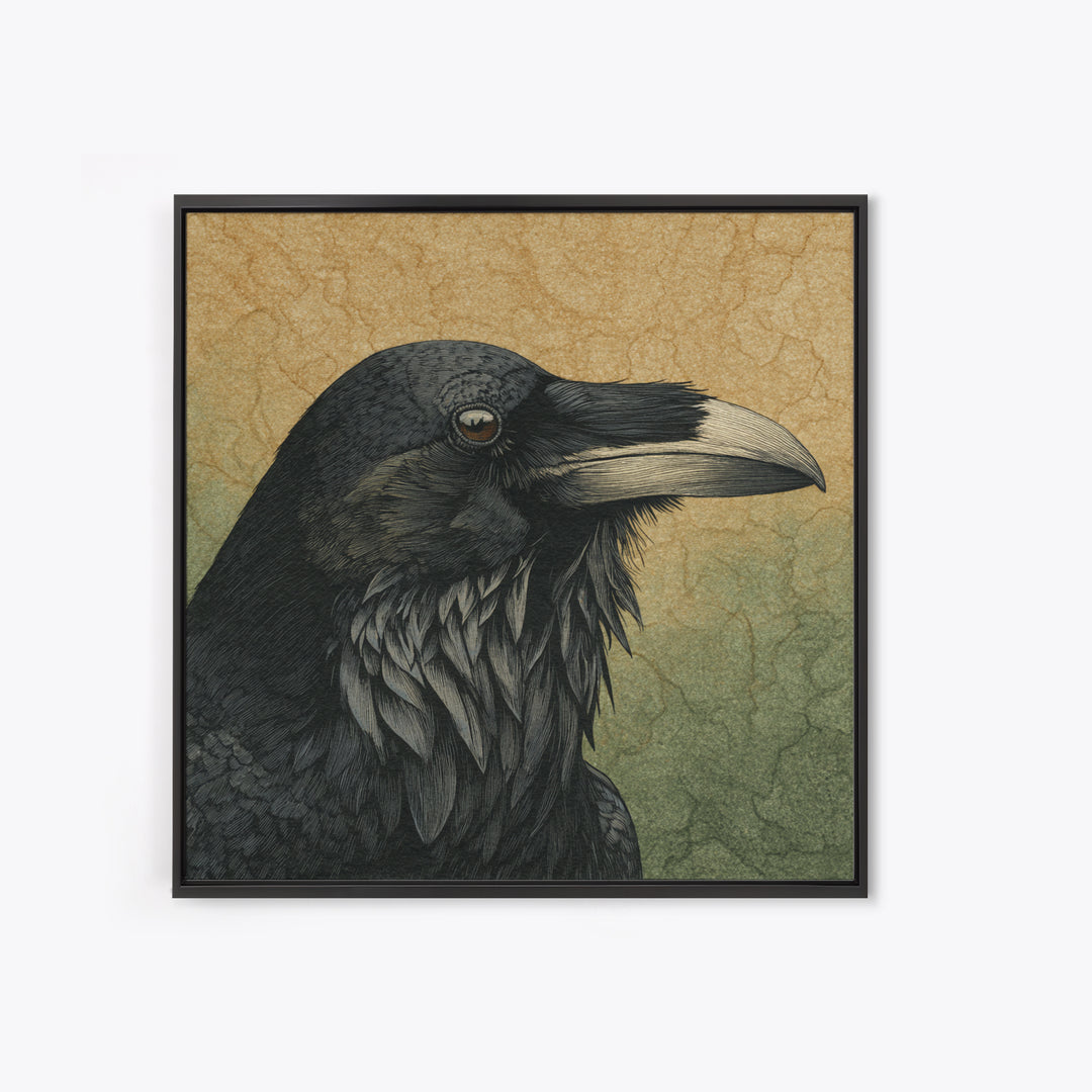 Raven Silhouette with Gothic Atmosphere Framed Canvas Print, Bird Art, Statement Artwork, Living Room Decor, Abstract Art, BIR-1x1-57