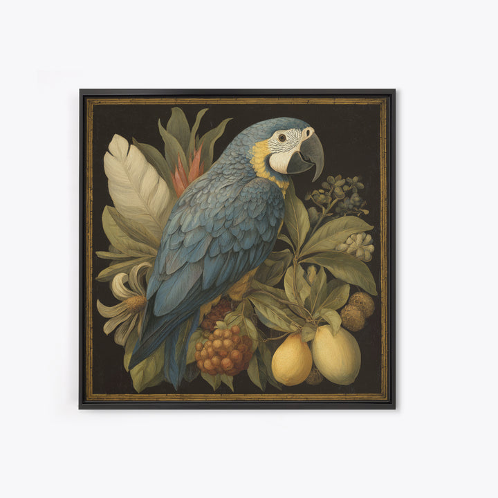 Parrot Among Tropical Leaves and Fruit Framed Canvas Print, Bird Art, Forest Wall Art, Living Room Decor, Oil Painting, Flight, BIR-1x1-61