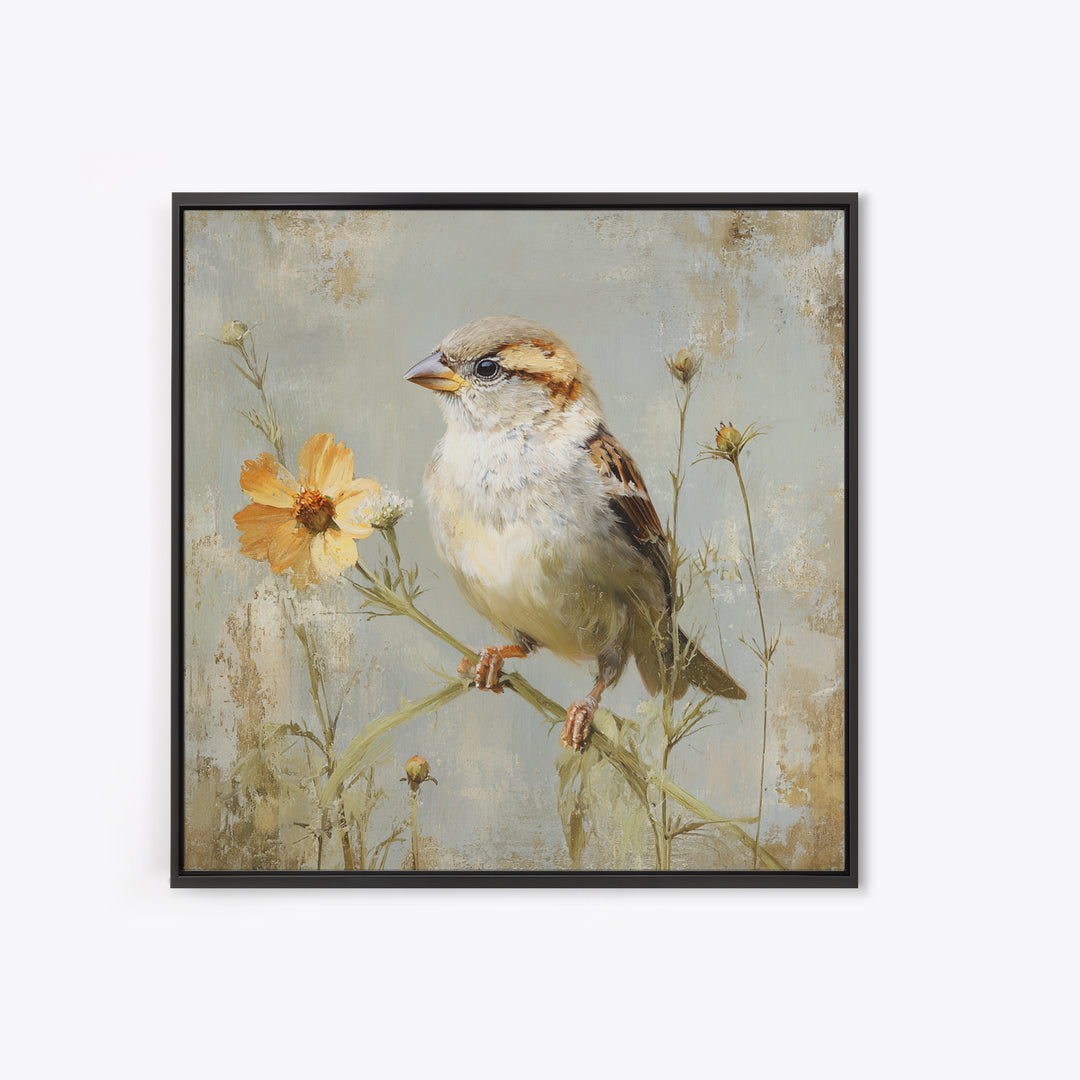 Small Sparrow on Wildflower Stem Framed Canvas Print, Bird Art, Nature Wall Art, Living Room Decor, Fine Art, Flight, BIR-1x1-62