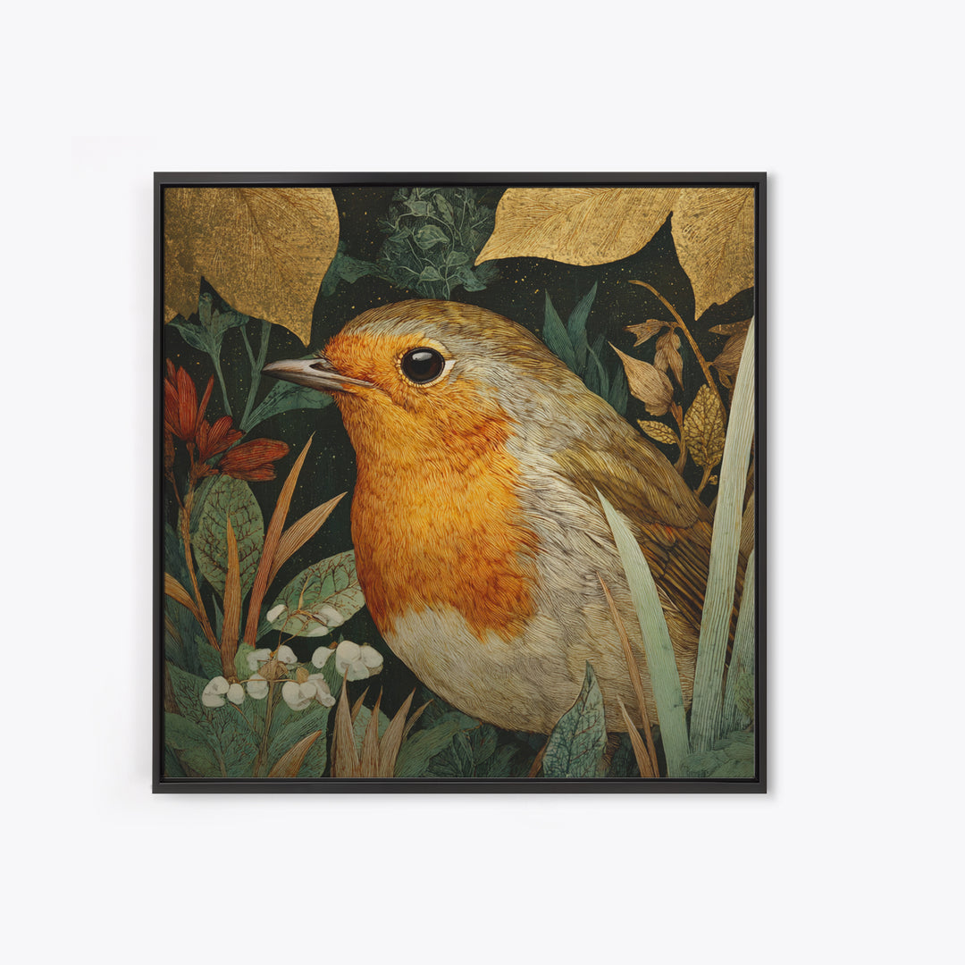 Robin in a Spring Garden with Soft Framed Canvas Print, Bird Art, Forest Wall Art, Living Room Decor, Oil Painting, Flight, BIR-1x1-63