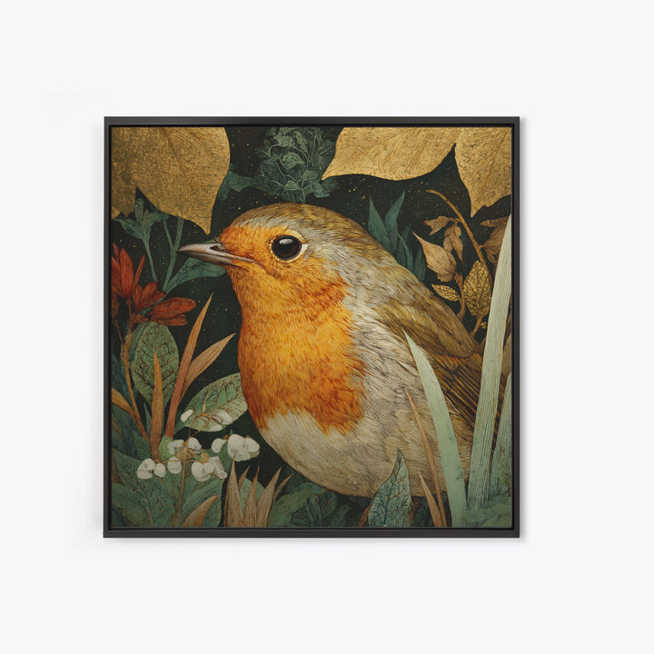 Robin in a Spring Garden with Soft Framed Canvas Print, Bird Art, Forest Wall Art, Living Room Decor, Oil Painting, Flight, BIR-1x1-63