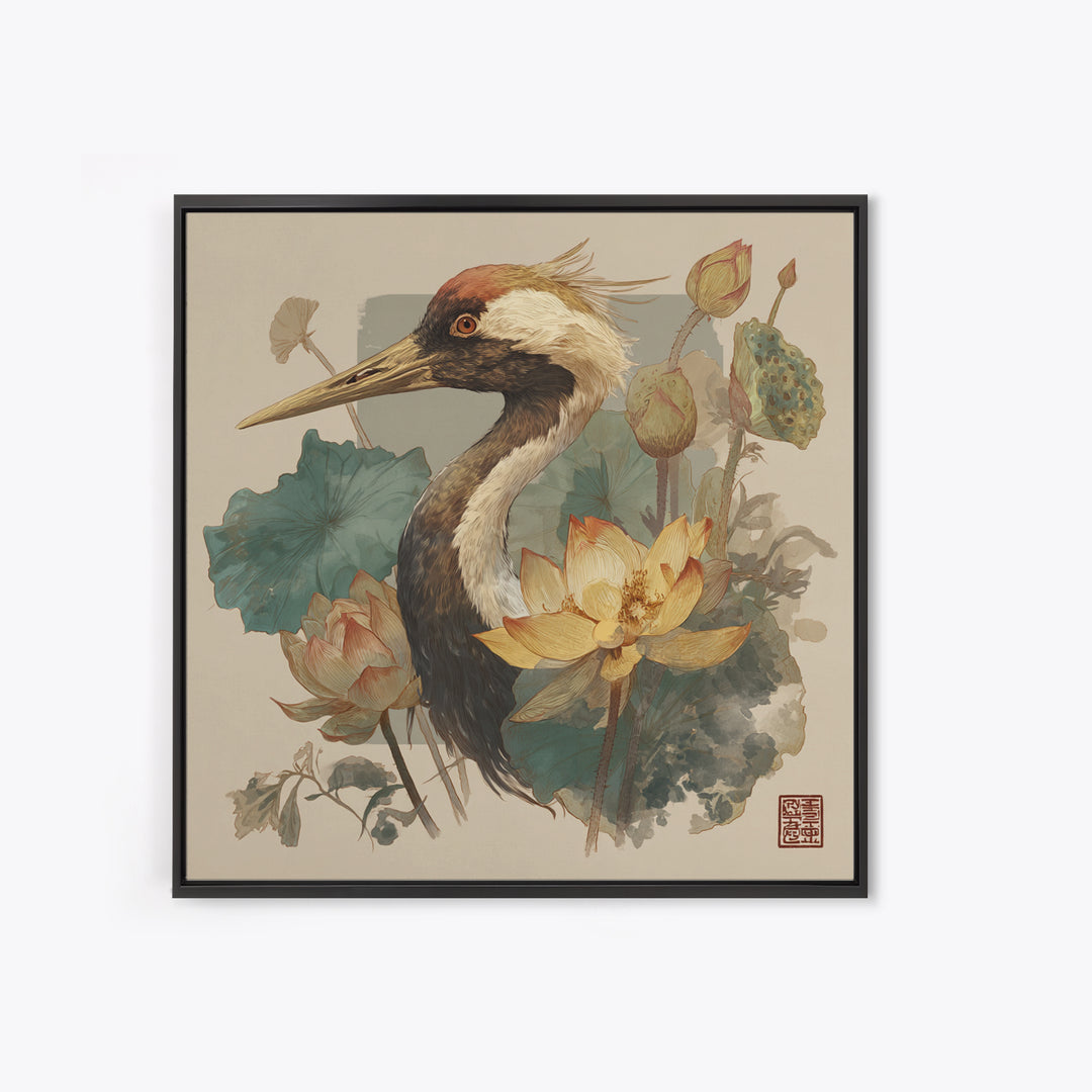 Crane and Lotus Composition Framed Canvas Print, Bird Art, Gallery Decor, Living Room Decor, Fine Art, Flight, Contemporary Art, BIR-1x1-65