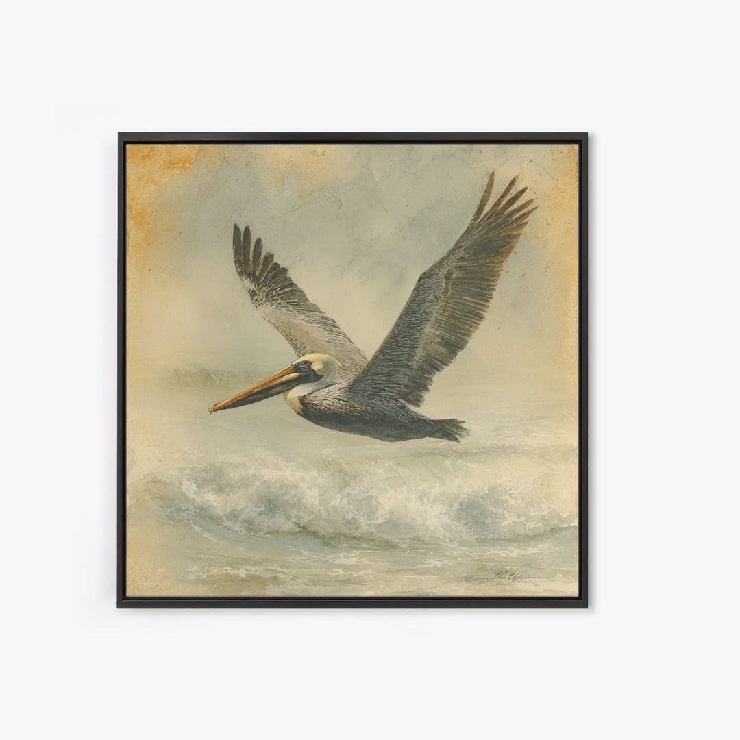 Pelican Flying over Coastal Waves Framed Canvas Print, Bird Art, Digital Download Art, Living Room Decor, Abstract Art, Flight, BIR-1x1-66