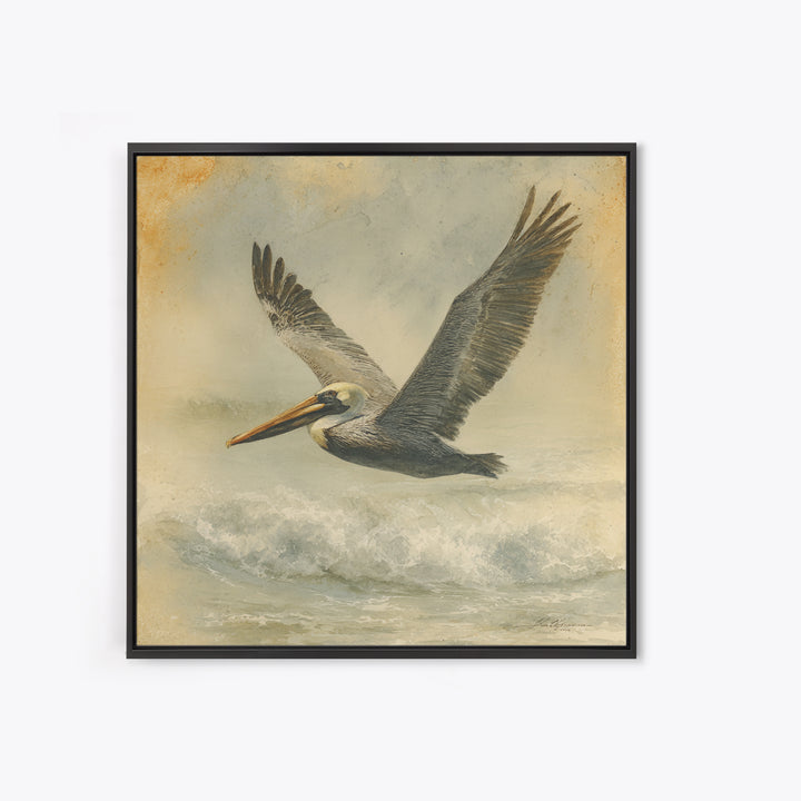Pelican Flying over Coastal Waves Framed Canvas Print, Bird Art, Digital Download Art, Living Room Decor, Abstract Art, Flight, BIR-1x1-66