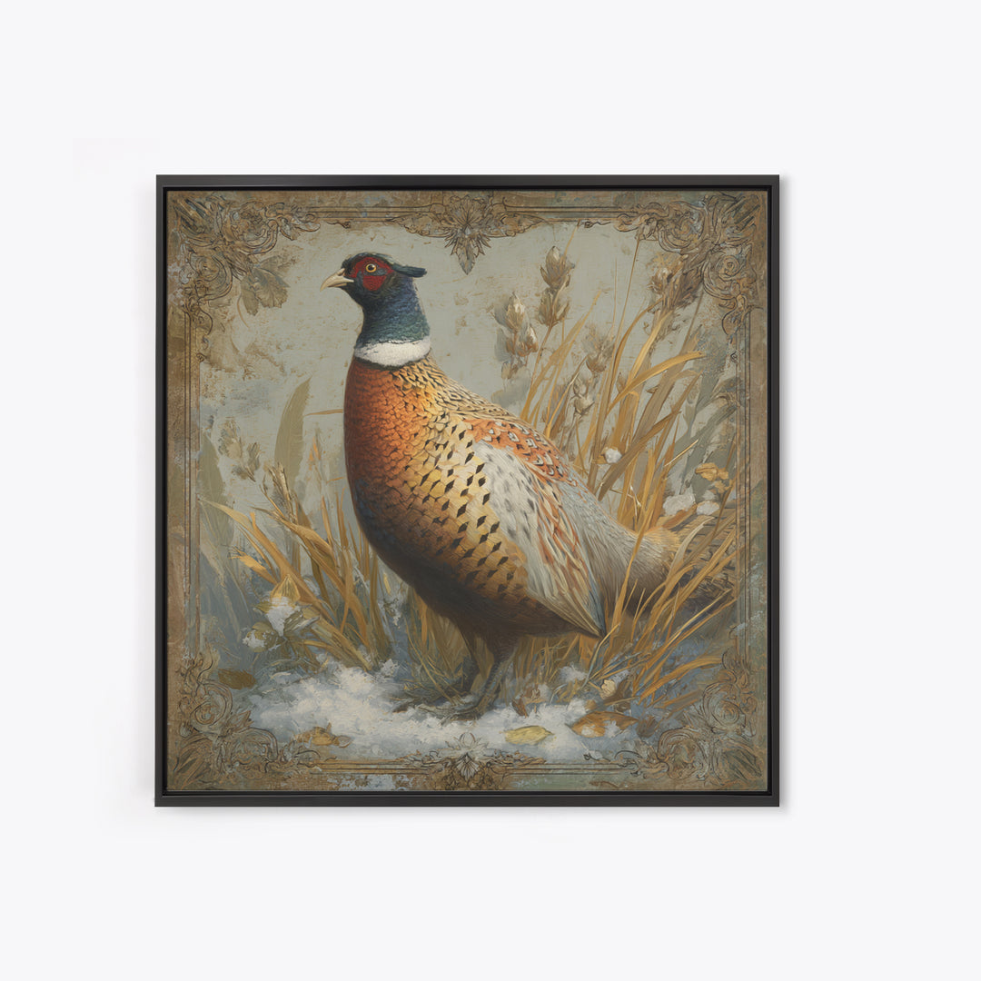 Pheasant with Ornate Feather Details Framed Canvas Print, Bird Art, Gallery Decor, Living Room Decor, Fine Art, Flight, BIR-1x1-67