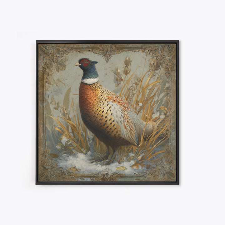Pheasant with Ornate Feather Details Framed Canvas Print, Bird Art, Gallery Decor, Living Room Decor, Fine Art, Flight, BIR-1x1-67