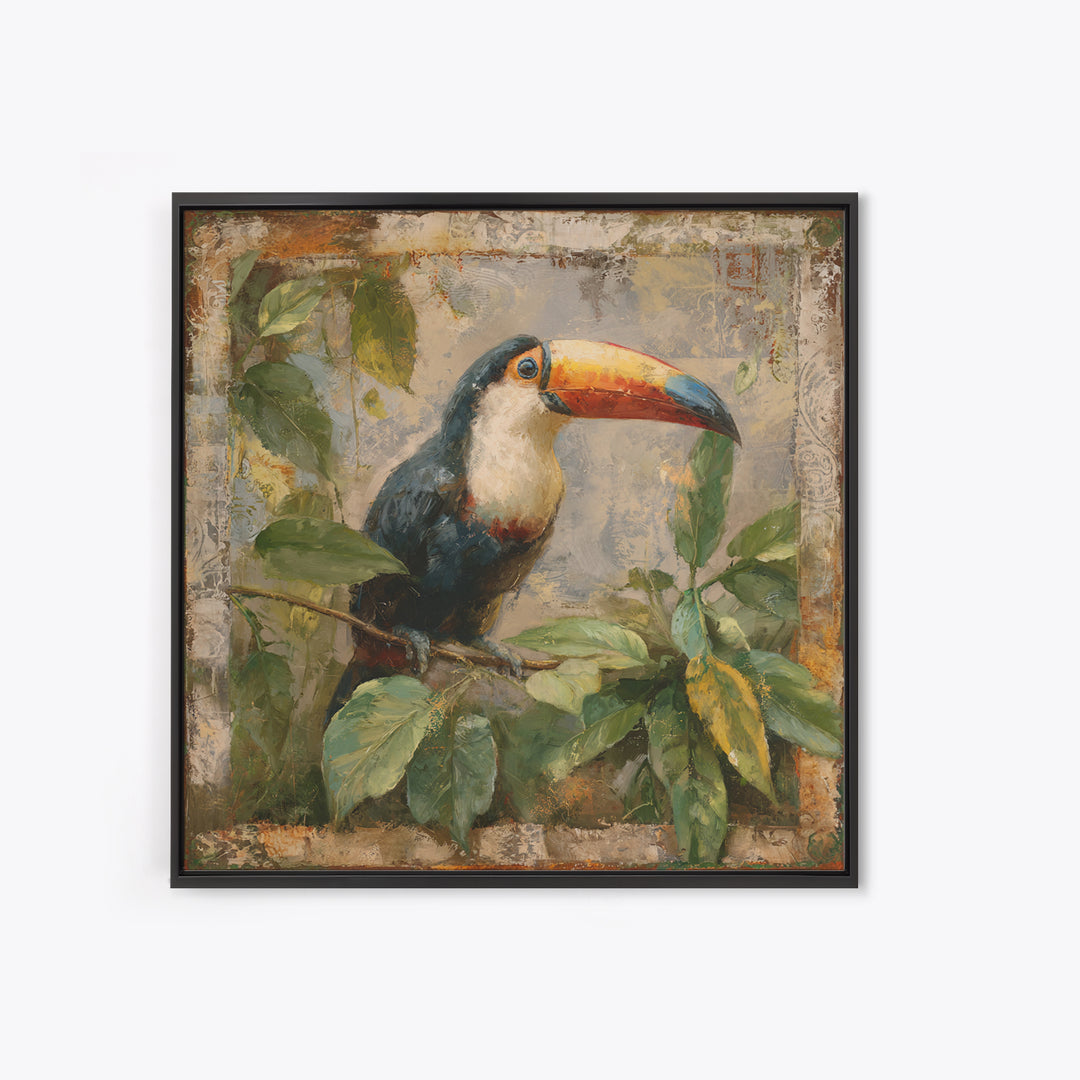 Toucan Framed by Bold Jungle Foliage Framed Canvas Print, Bird Art, Bird Wall Art, Living Room Decor, Fine Art, Flight, BIR-1x1-71