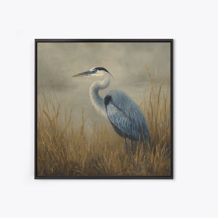 Blue Heron in Misty Marsh Grass Framed Canvas Print, Bird Art, Forest Wall Art, Living Room Decor, Flight, Minimalist Decor, BIR-1x1-74