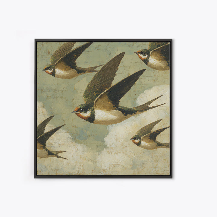 Flock of Swallows Sweeping Across Open Sky Framed Canvas Print, Bird Art, Gallery Decor, Living Room Decor, Fine Art, Flight, BIR-1x1-78