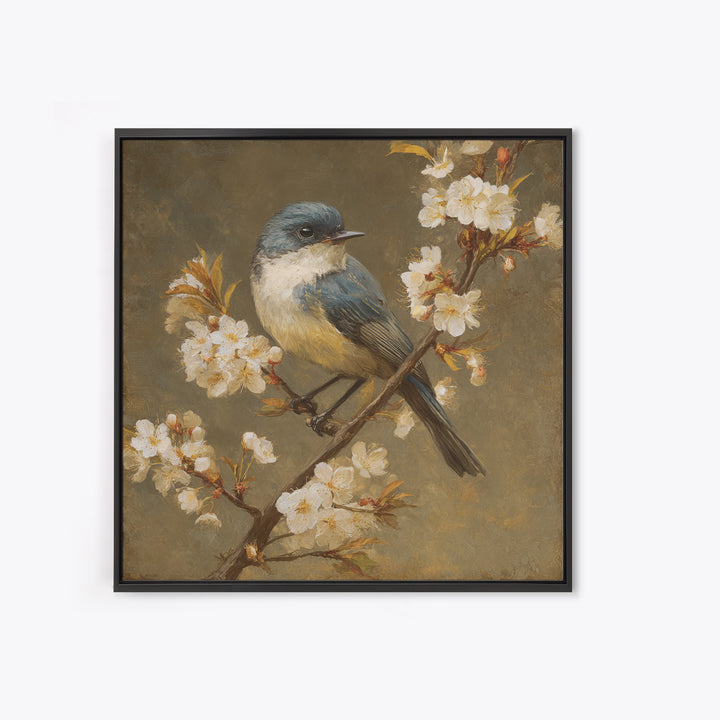 Songbird Perched on Cherry Blossoms Framed Canvas Print, Bird Art, Modern Decor, Living Room Decor, Fine Art, Flight, BIR-1x1-80