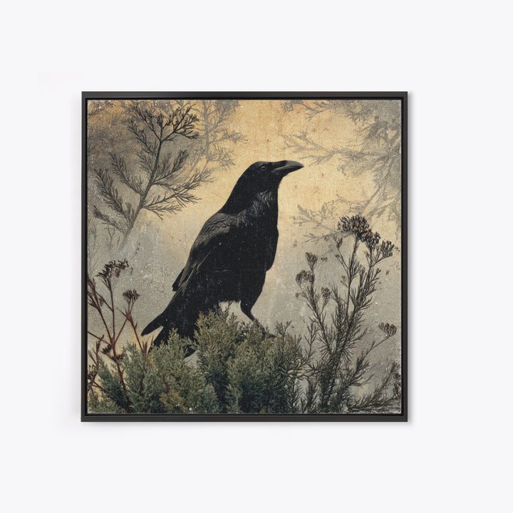 Raven Silhouette with Gothic Atmosphere Canvas Print, Bird Art, Textured Painting, Living Room Decor, Fine Art, Flight, BIR-1x1-81