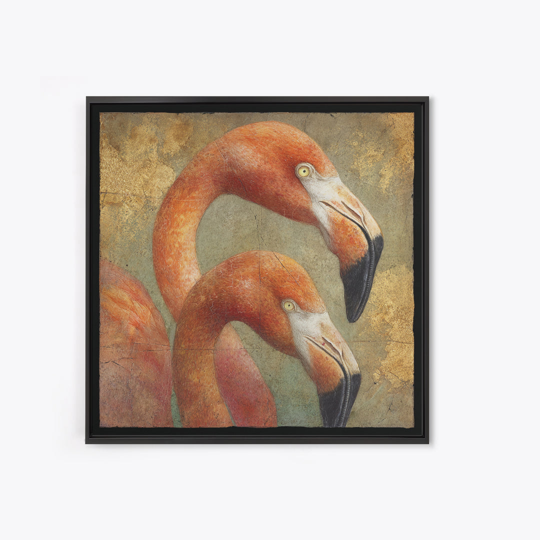 Flamingo Pair in Coral Water Reflections Canvas Print, Bird Art, Neutral Decor, Living Room Decor, Oil Painting, Flight, BIR-1x1-82