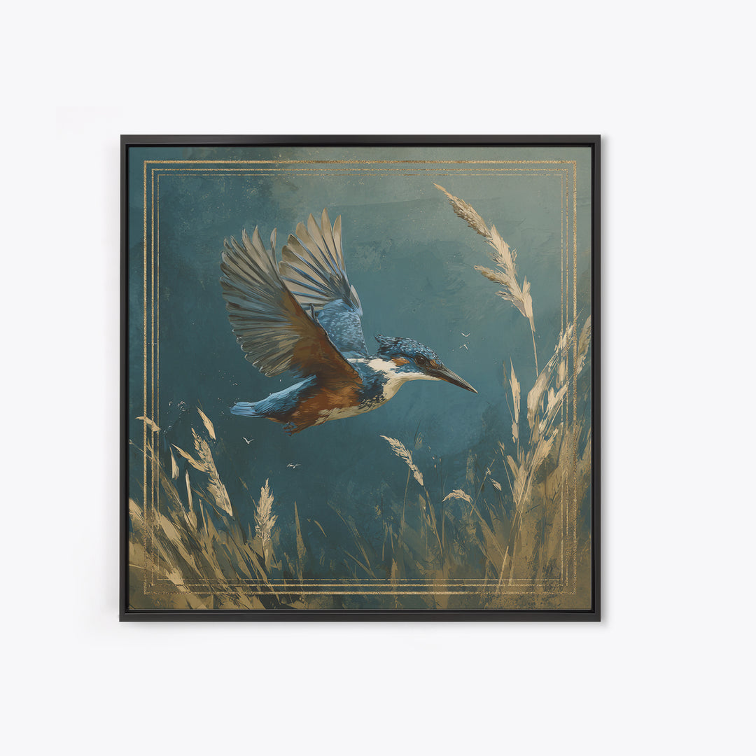 Kingfisher Diving Toward Blue Water Framed Canvas Print, Bird Art, Statement Artwork, Living Room Decor, Fine Art, Flight, BIR-1x1-83