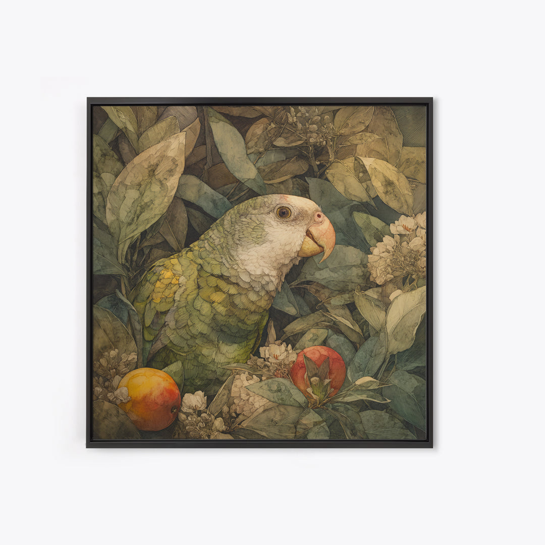 Parrot Among Tropical Leaves and Fruit Canvas Print, Bird Art, Boho Decor, Living Room Decor, Fine Art, Flight, BIR-1x1-85