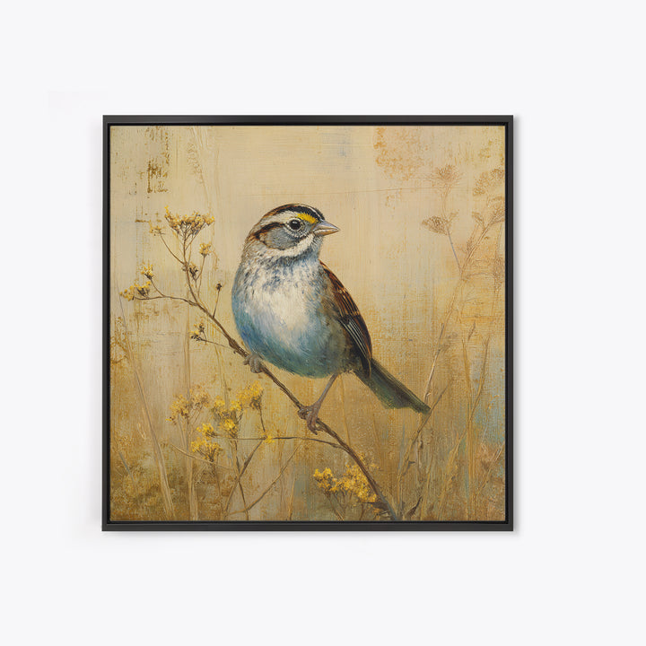 Small Sparrow on Wildflower Stem Canvas Print, Bird Art, Modern Decor, Living Room Decor, Oil Painting, Flight, Home Decor, BIR-1x1-86