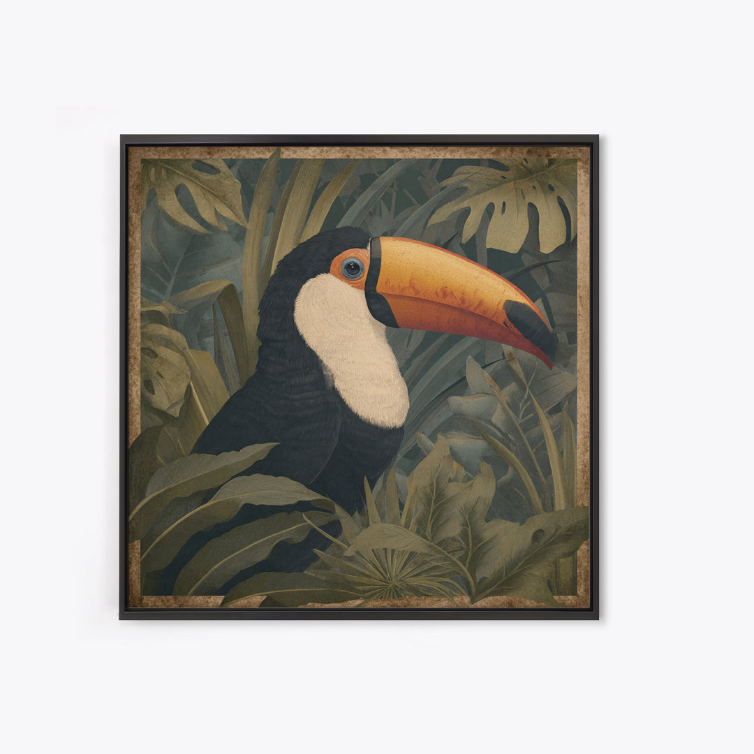 Toucan Framed by Bold Jungle Foliage Canvas Print, Bird Art, Neutral Decor, Living Room Decor, Fine Art, Flight, Wall Art, BIR-1x1-95