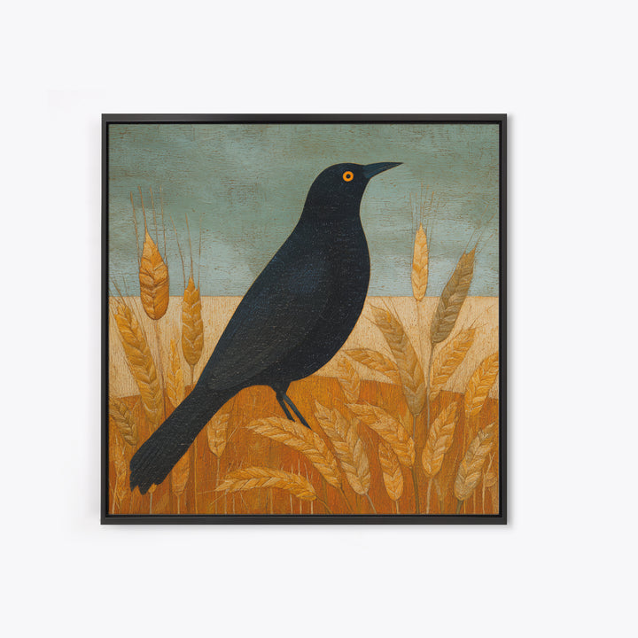 Blackbird on Gold Wheat Field Framed Canvas Print, Bird Art, Printable Wall Art, Living Room Decor, Fine Art, Flight, BIR-1x1-96