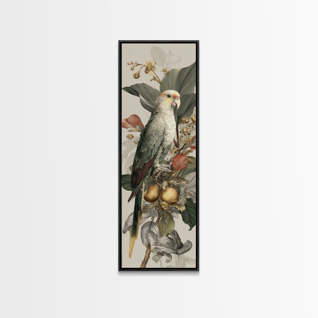 Parrot Among Tropical Leaves and Fruit Canvas Print, Bird Art, Living Room Art, Living Room Decor, Watercolor Art, Flight, BIR-1x3-1
