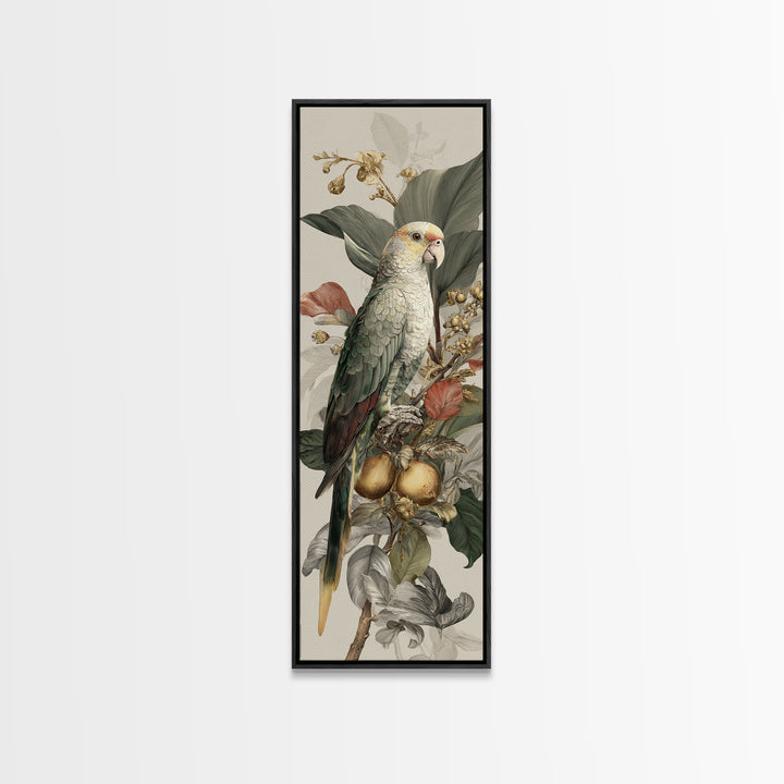 Parrot Among Tropical Leaves and Fruit Canvas Print, Bird Art, Living Room Art, Living Room Decor, Watercolor Art, Flight, BIR-1x3-1