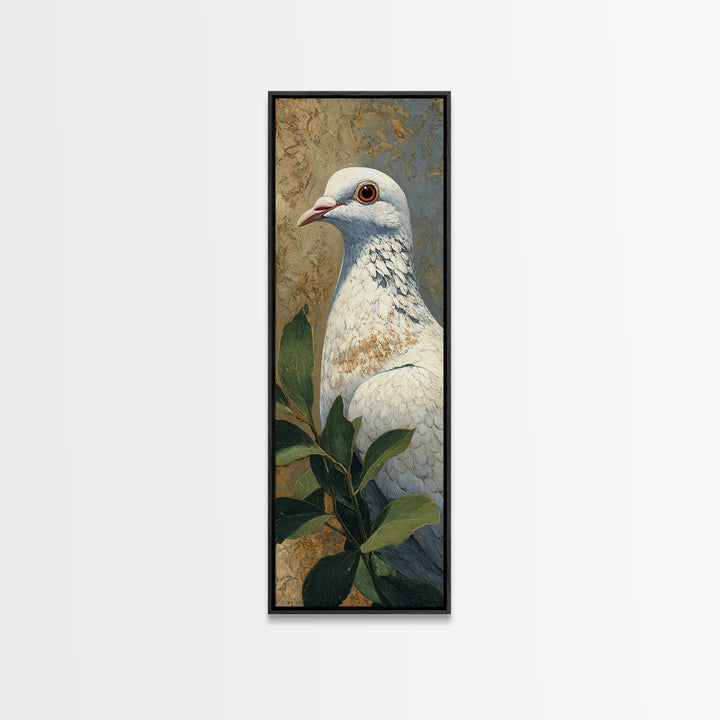 White Dove with Olive Branch and Calm Canvas Print, Bird Art, Gallery Wall, Living Room Decor, Oil Painting, Flight, BIR-1x3-100