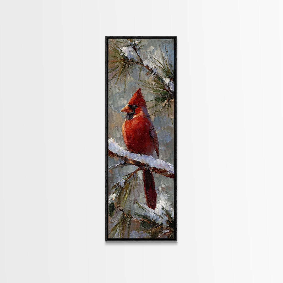 Red Cardinal on Snowy Pine Branch Canvas Print, Bird Art, Statement Artwork, Living Room Decor, Oil Painting, Flight, BIR-1x3-13