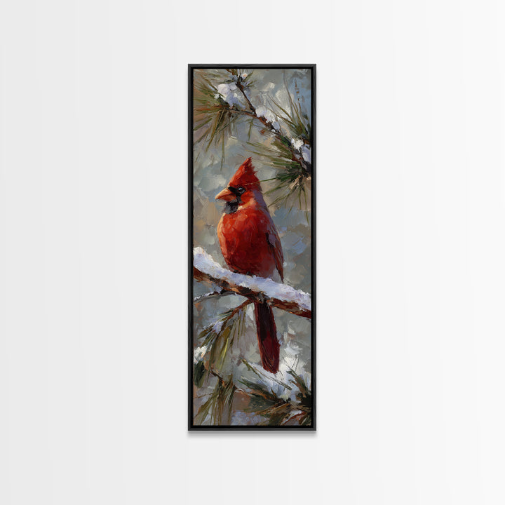 Red Cardinal on Snowy Pine Branch Canvas Print, Bird Art, Statement Artwork, Living Room Decor, Oil Painting, Flight, BIR-1x3-13