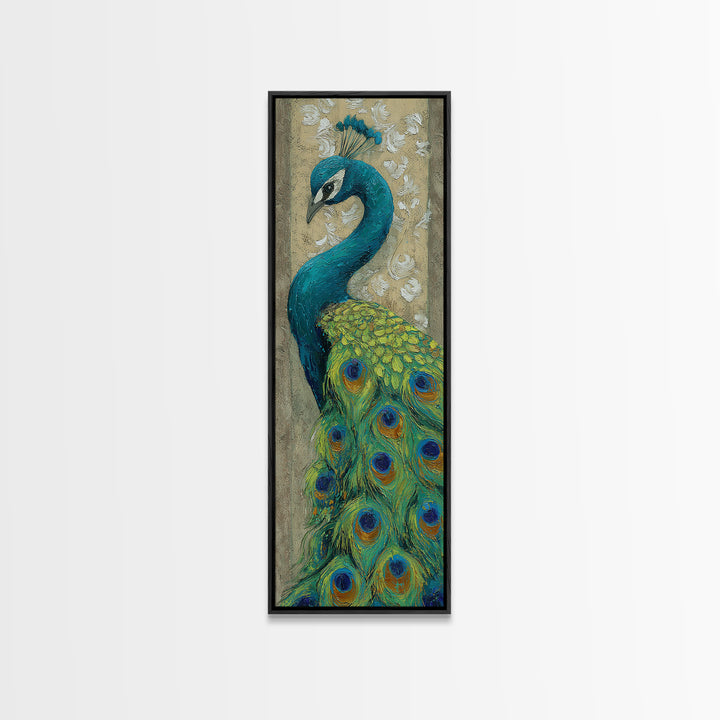 Peacock with Jewel Tone Feather Pattern Framed Canvas Print, Bird Art, Wall Decor, Living Room Decor, Fine Art, Flight, BIR-1x3-19