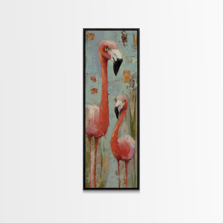 Flamingo Pair in Coral Water Reflections Canvas Print, Bird Art, Digital Download Art, Living Room Decor, Fine Art, Flight, BIR-1x3-22