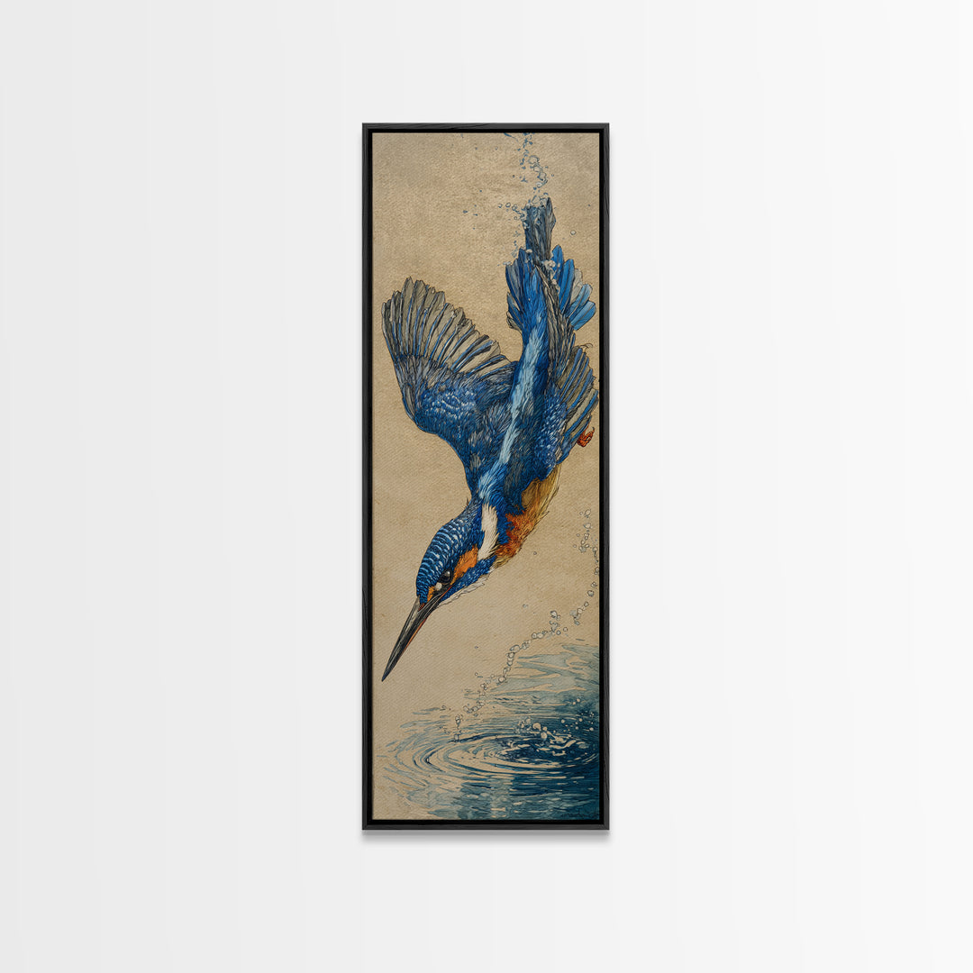 Kingfisher Diving Toward Blue Water Canvas Print, Bird Art, Digital Prints, Living Room Decor, Fine Art, Flight, Modern Art, BIR-1x3-23