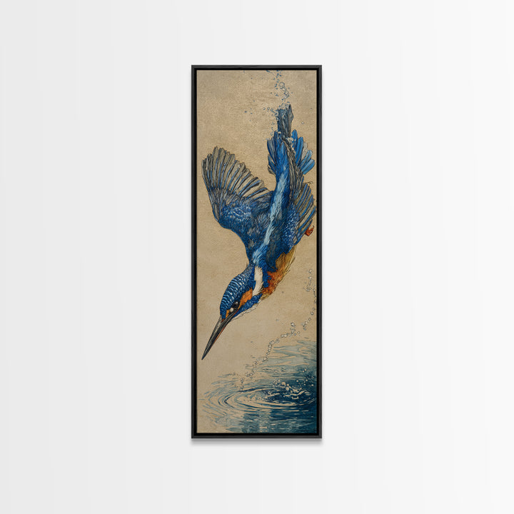 Kingfisher Diving Toward Blue Water Canvas Print, Bird Art, Digital Prints, Living Room Decor, Fine Art, Flight, Modern Art, BIR-1x3-23