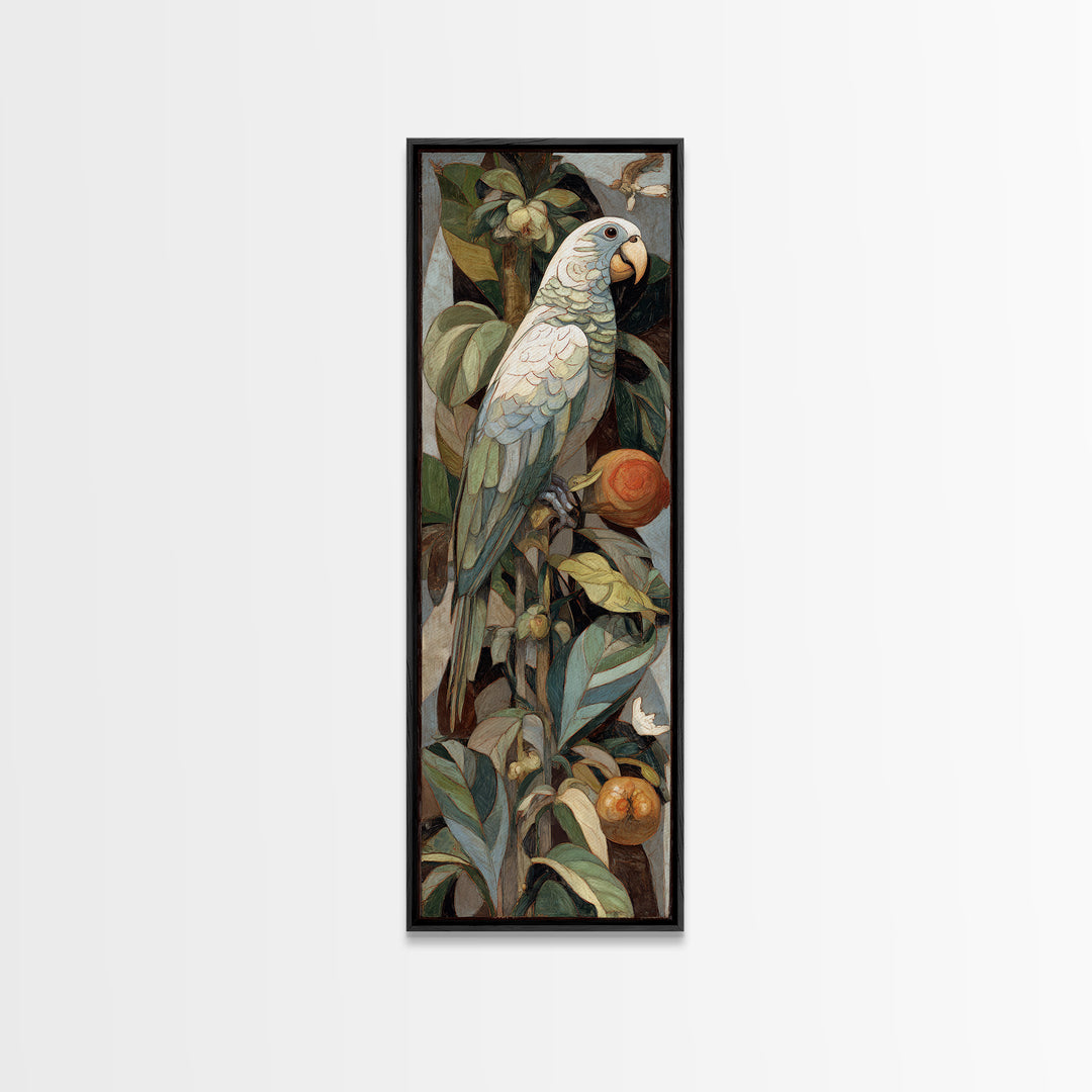 Parrot Among Tropical Leaves and Fruit Canvas Print, Bird Art, Digital Prints, Living Room Decor, Fine Art, Flight, Modern Art, BIR-1x3-25