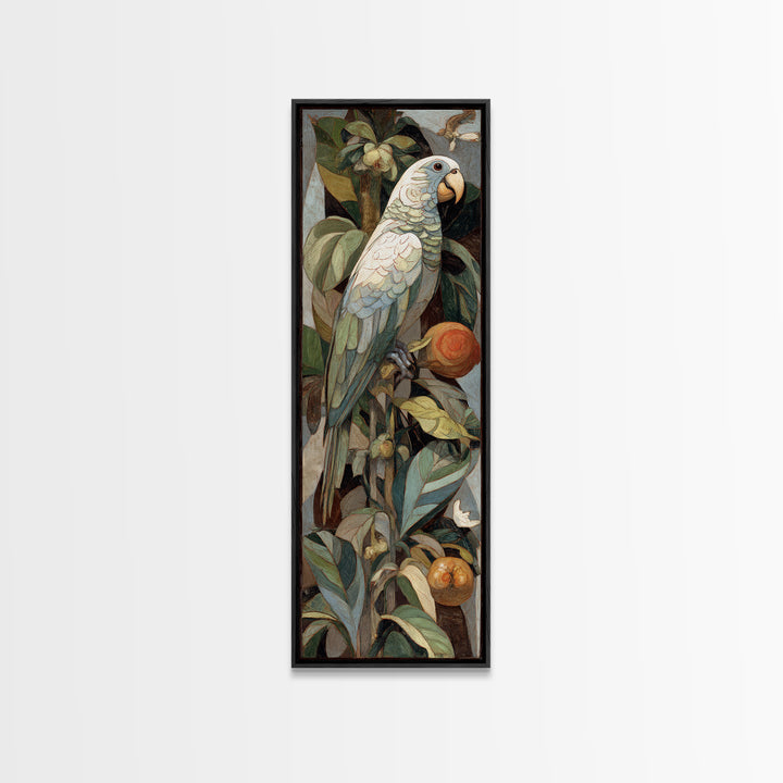 Parrot Among Tropical Leaves and Fruit Canvas Print, Bird Art, Digital Prints, Living Room Decor, Fine Art, Flight, Modern Art, BIR-1x3-25