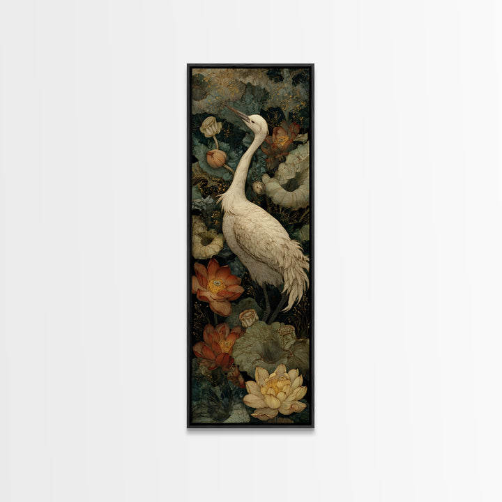 Crane and Lotus Composition Framed Canvas Print, Bird Art, Modern Decor, Living Room Decor, Fine Art, Flight, Home Decor, BIR-1x3-29