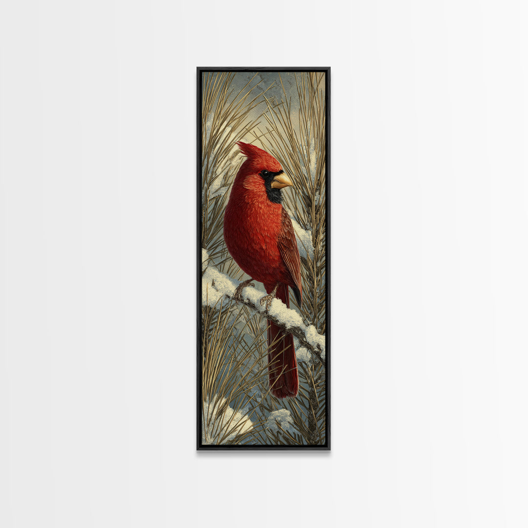 Red Cardinal on Snowy Pine Branch Canvas Print, Bird Art, Statement Artwork, Living Room Decor, Oil Painting, Flight, BIR-1x3-37