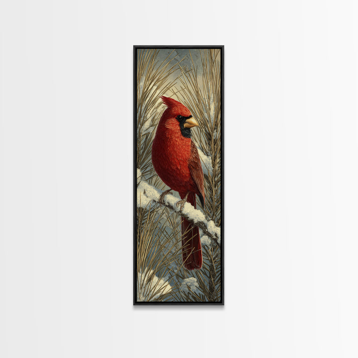 Red Cardinal on Snowy Pine Branch Canvas Print, Bird Art, Statement Artwork, Living Room Decor, Oil Painting, Flight, BIR-1x3-37
