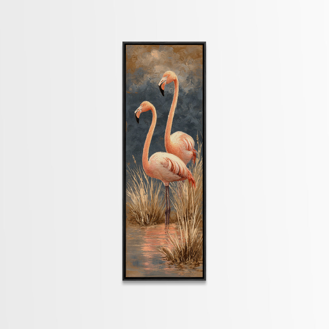 Flamingo Pair in Coral Water Reflections Framed Canvas Print, Bird Art, Rustic Home Decor, Living Room Decor, Fine Art, Flight, BIR-1x3-46