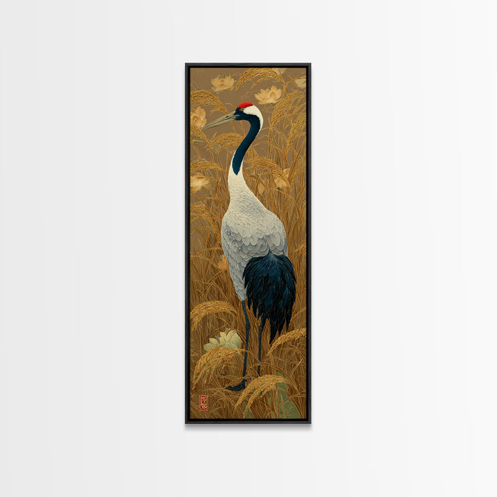 Crane and Lotus Composition Canvas Print, Bird Art, Nature Wall Art, Living Room Decor, Fine Art, Flight, Textured Painting, BIR-1x3-5