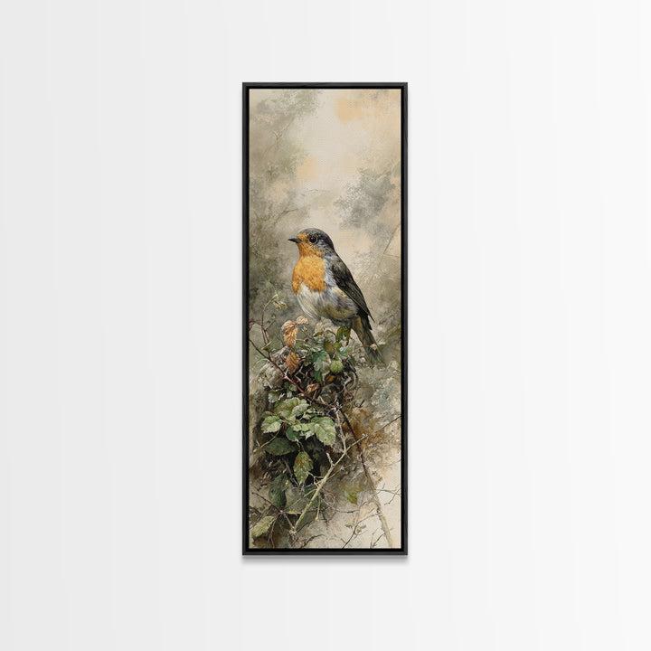 Robin in a Spring Garden with Soft Canvas Print, Bird Art, Living Room Decor, Fine Art, Flight, Rustic Home Decor, Floral Art, BIR-1x3-51