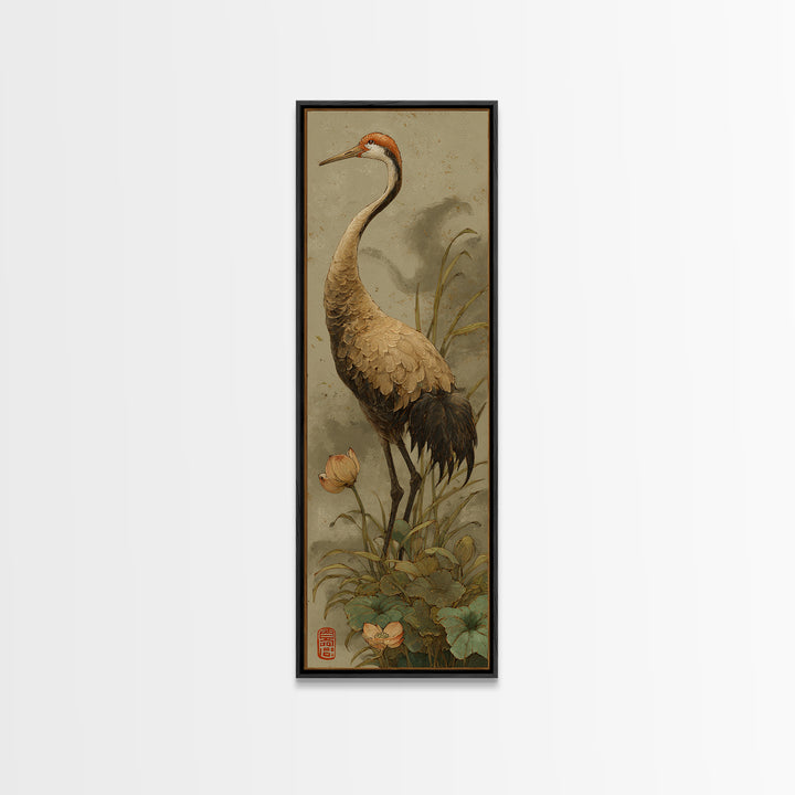 Crane and Lotus Composition Framed Canvas Print, Bird Art, Modern Decor, Living Room Decor, Fine Art, Flight, Home Decor, BIR-1x3-53