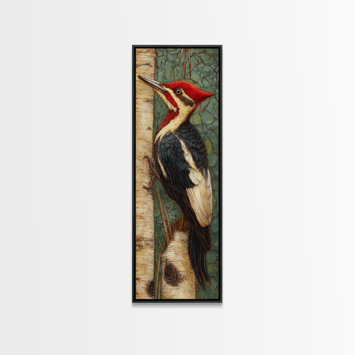 Woodpecker on Birch Bark Texture Canvas Print, Bird Art, Fine Art Print, Living Room Decor, Abstract Art, Flight, Wall Decor, BIR-1x3-57