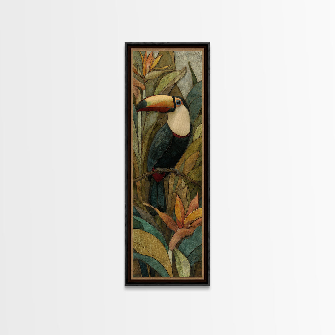 Toucan Framed by Bold Jungle Foliage Canvas Print, Bird Art, Watercolor Painting, Living Room Decor, Fine Art, Flight, BIR-1x3-59