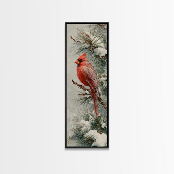 Red Cardinal on Snowy Pine Branch Framed Canvas Print, Bird Art, Textured Painting, Living Room Decor, Watercolor Art, Flight, BIR-1x3-61