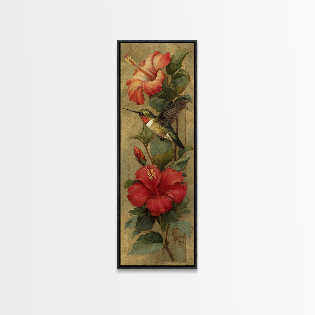 Hummingbird Hovering Beside Bright Hibiscus Framed Canvas Print, Bird Art, Farmhouse Decor, Living Room Decor, Fine Art, Flight, BIR-1x3-64