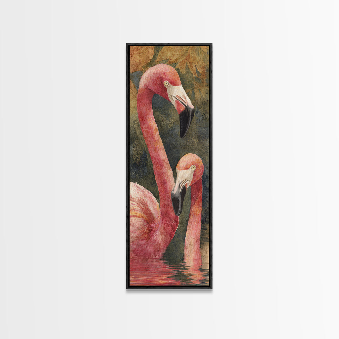 Flamingo Pair in Coral Water Reflections Framed Canvas Print, Bird Art, Rustic Home Decor, Living Room Decor, Fine Art, Flight, BIR-1x3-70