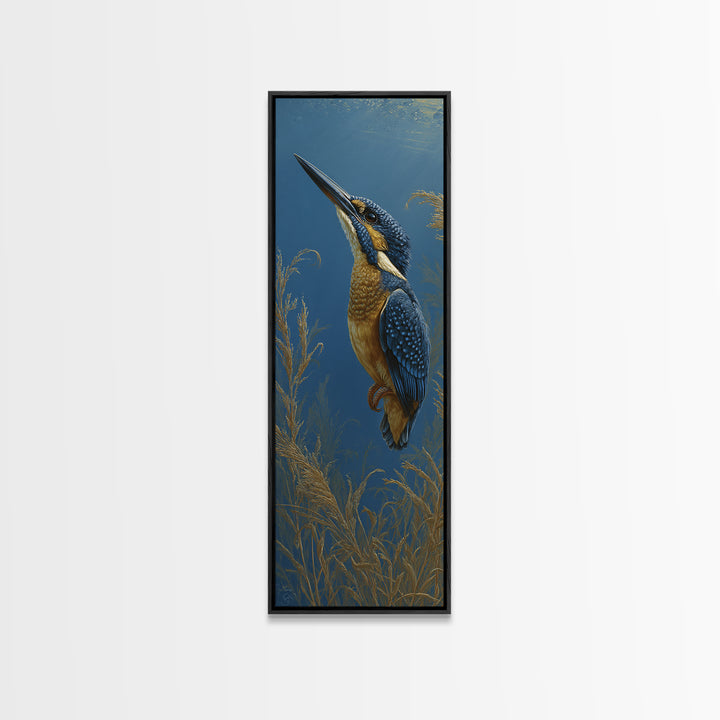 Kingfisher Diving Toward Blue Water Framed Canvas Print, Bird Art, Bird Prints, Living Room Decor, Flight, Modern Decor, BIR-1x3-71