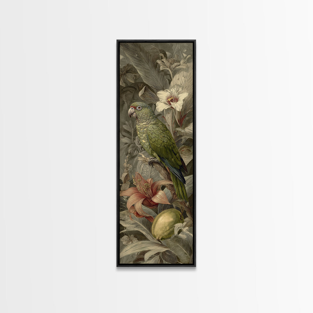 Parrot Among Tropical Leaves and Fruit Canvas Print, Bird Art, Mid Century Modern, Living Room Decor, Fine Art, Flight, BIR-1x3-73