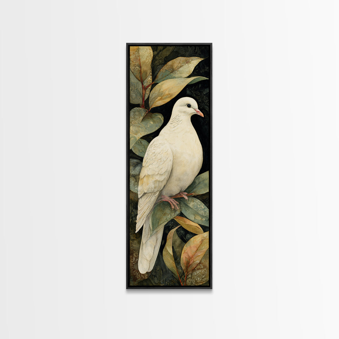 White Dove with Olive Branch and Calm Framed Canvas Print, Bird Art, Japanese Wall Art, Living Room Decor, Fine Art, Flight, BIR-1x3-76